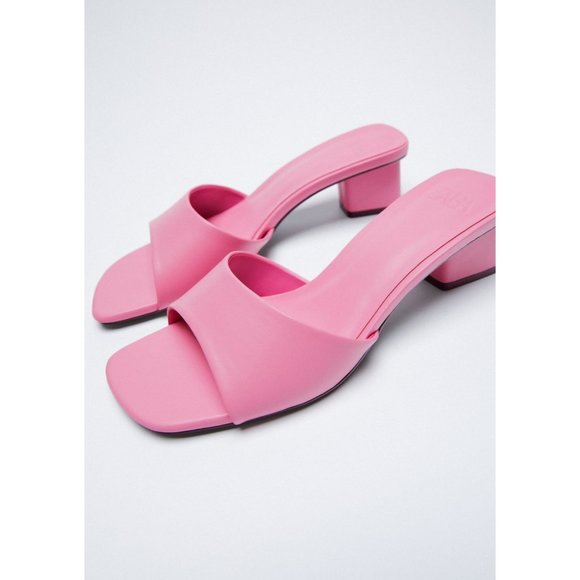 Zara thick heeled pink front strap sandals mules
